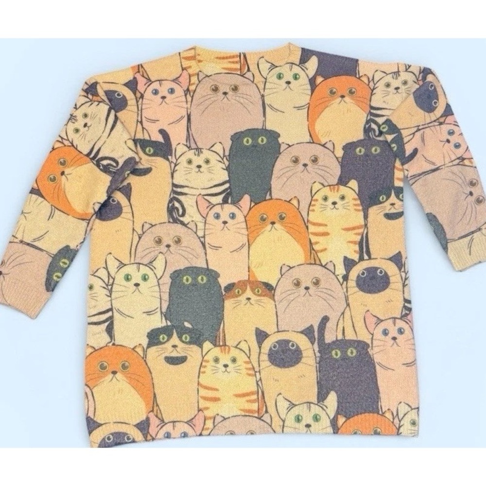 Sweater Cat Womens L/XL Wool Novelty Kawaii Kitty Animal Lover All Over Print